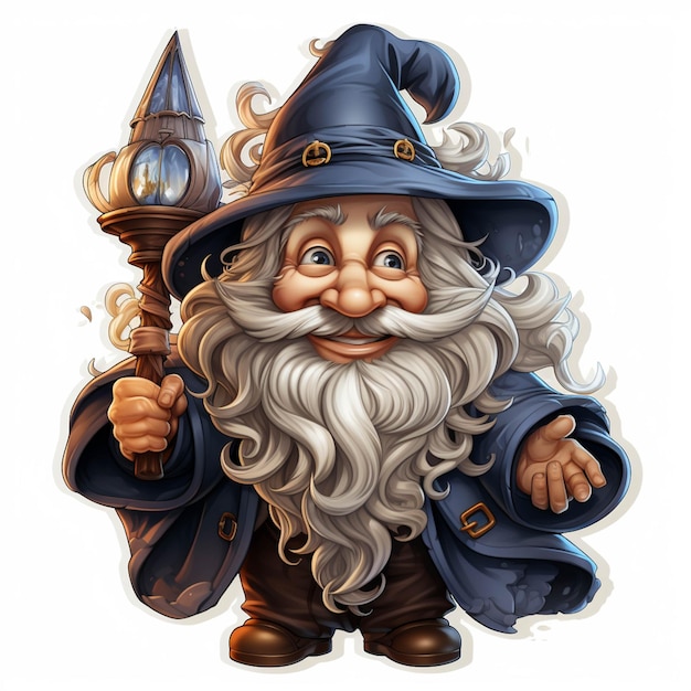 Cartoon wizard with a staff and a clock tower generative ai