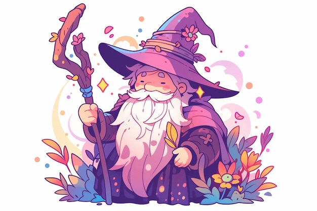 a cartoon wizard with a staff and a hat generative ai