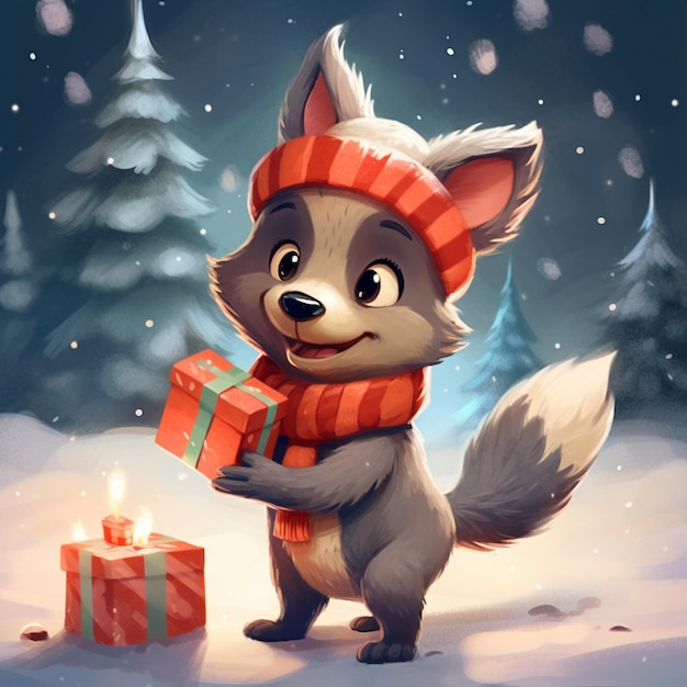 A cartoon of a wolf holding a present in the snow.