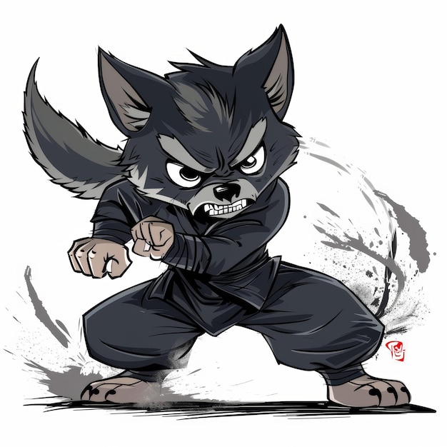 a cartoon wolf wearing a black martial arts uniform stands in a fighting pose with black ink splatte