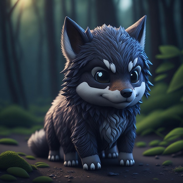 A cartoon wolf with blue eyes is standing in a forest.