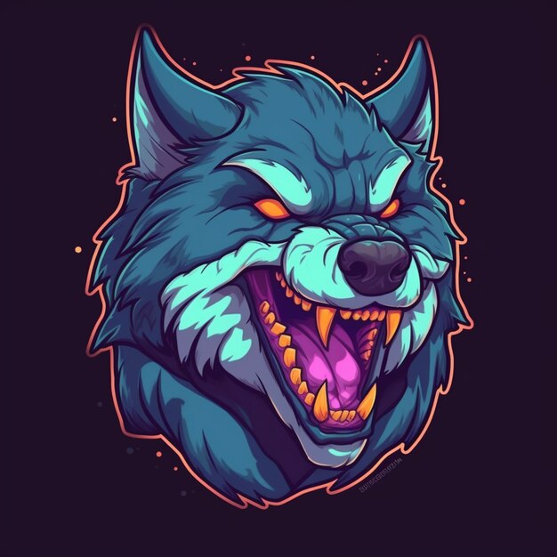 A cartoon wolf with a glowing face and fangs generative ai