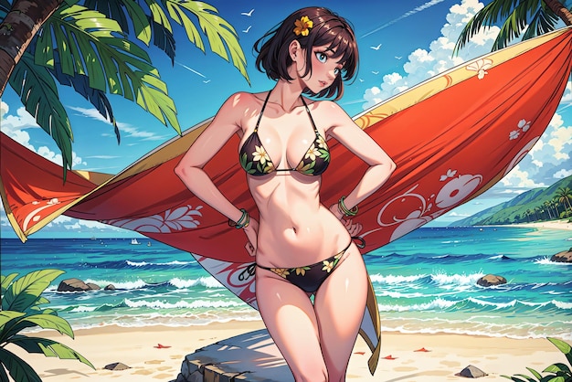 Photo a cartoon of a woman on a beach with a red sail