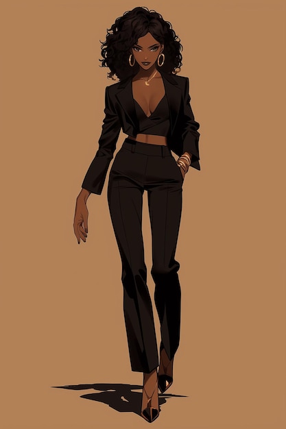 Foto cartone animato di una donna in abito nero che cammina per una strada generativa ai