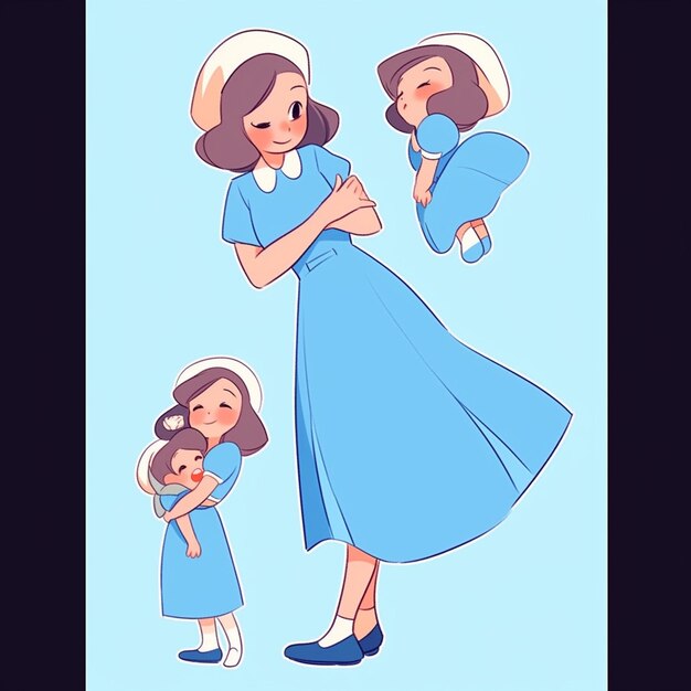 아기를  ⁇ 고 있는 파란색 드레스를 입은 여성의 만화