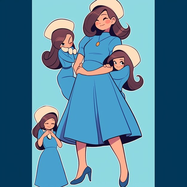 Photo a cartoon of a woman in a blue dress and two girls in blue dresses generative ai