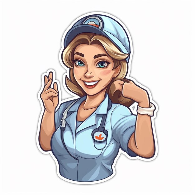 A cartoon woman in a blue uniform with the word home on the front.