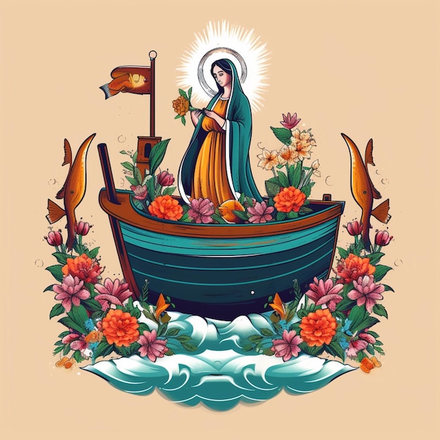 A cartoon of a woman in a boat with a cross on it.