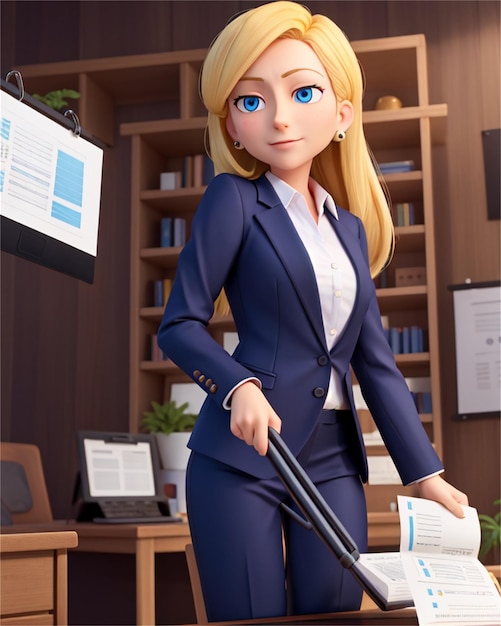 a cartoon of a woman in a business suit with a book in her hand.