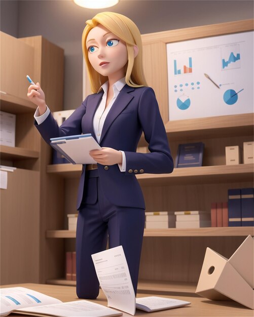 a cartoon of a woman in a business suit with a pen in her hand.