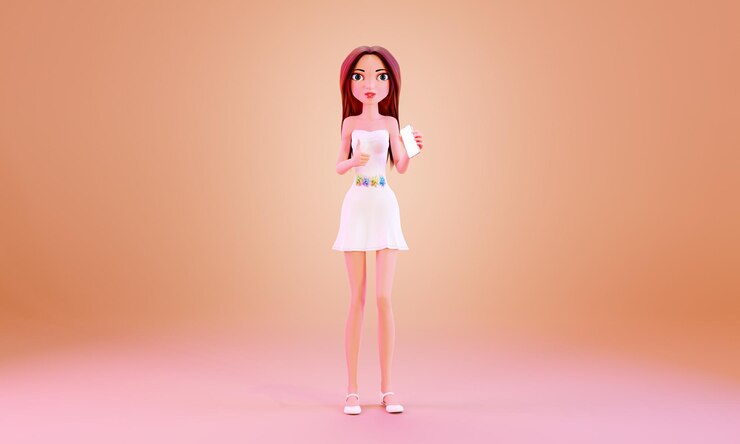 Photo cartoon woman in a dress holds a smartphone and shows a blank screen, 3d rendering.