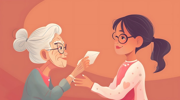 Photo a cartoon of a woman and an elderly man with glasses reading a letter