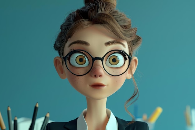 Photo cartoon woman in glasses with ponytail gazing at camera