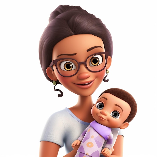 Cartoon woman holding a baby doll and wearing glasses generative ai