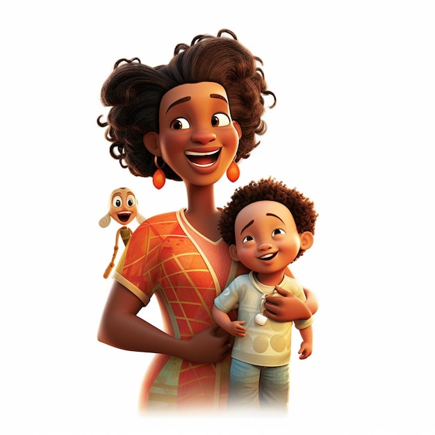 Cartoon woman holding a baby and a monkey on her shoulder generative ai