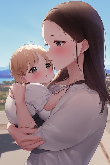 赤ちゃんを抱いた女性の漫画と、前面に「お母さん」という文字が描かれています。