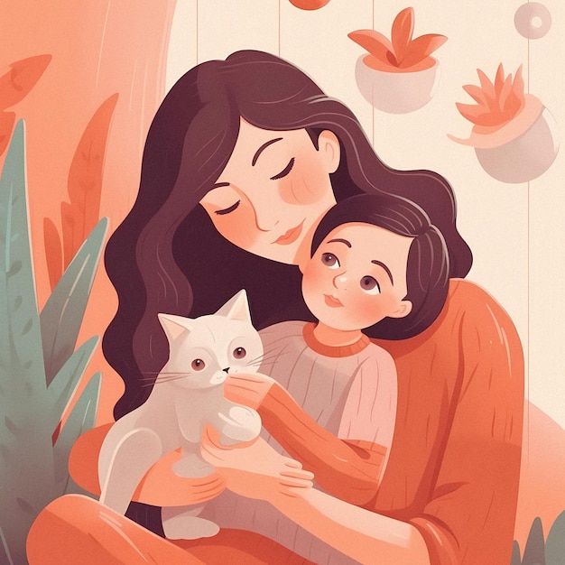 A cartoon of a woman holding a cat and a child.