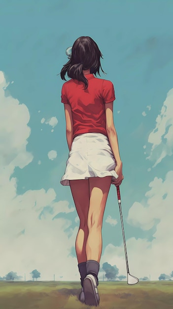 A cartoon of a woman holding a golf club