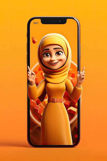 A cartoon woman is holding up a phone with the word food on it.