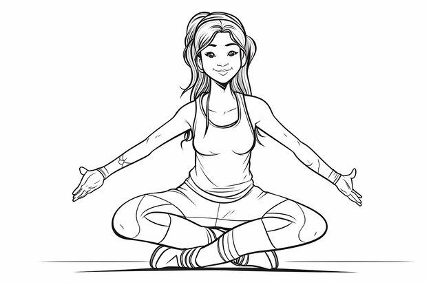 Photo a cartoon woman is sitting in a yoga pose with her arms outstretched.