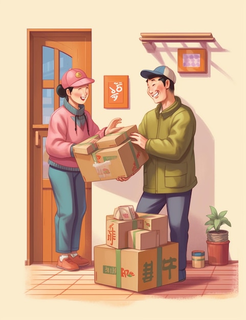 A cartoon of a woman and a man in a pink hat are handing boxes to a woman.