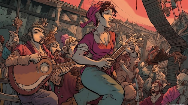 A cartoon of a woman playing guitar and a crowd of people.