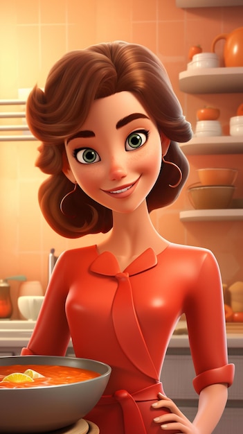 Foto donna cartone animato in abito rosso con in mano una ciotola di zuppa in una cucina ai generativa
