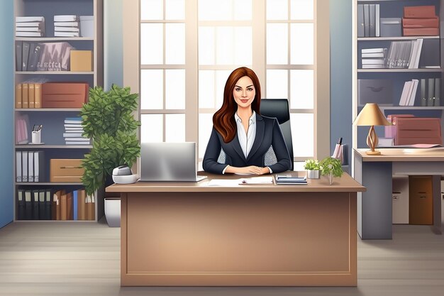 Photo a cartoon of a woman in a room with a desk and a computer