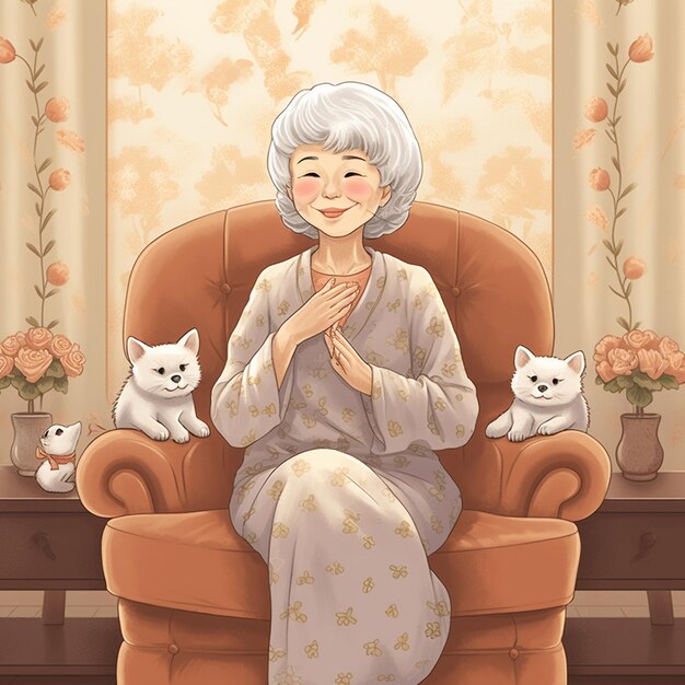 Photo a cartoon of a woman sitting in a chair with her cats.