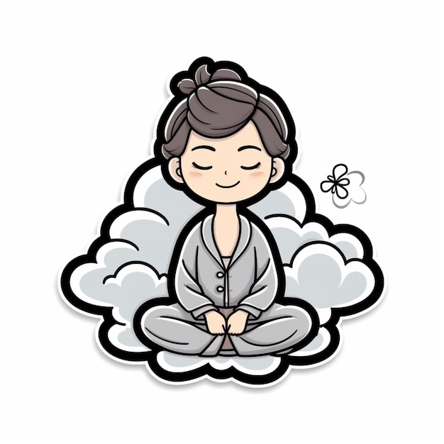 Photo cartoon of a woman sitting in a lotus position on a cloud generative ai