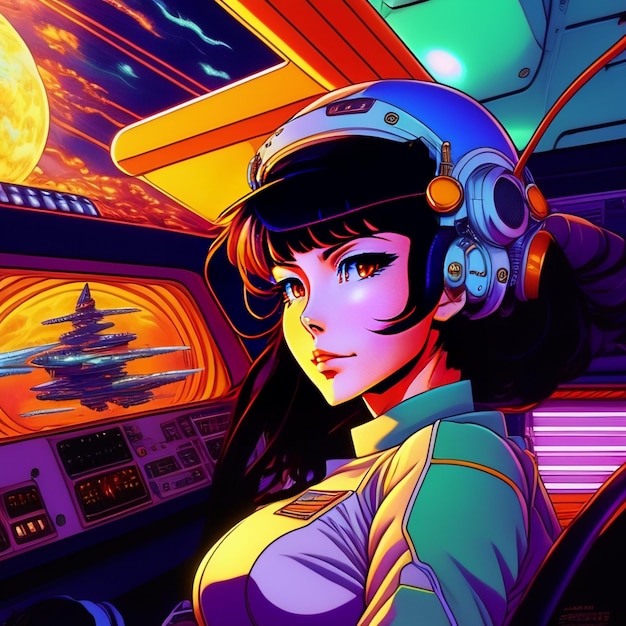 A cartoon of a woman in a spaceship with a planet in the background.