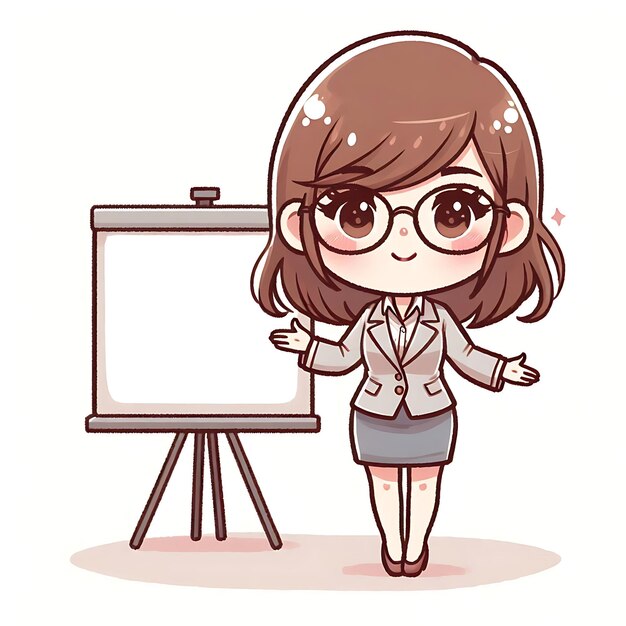 Photo a cartoon of a woman in a suit and glasses pointing at a white board