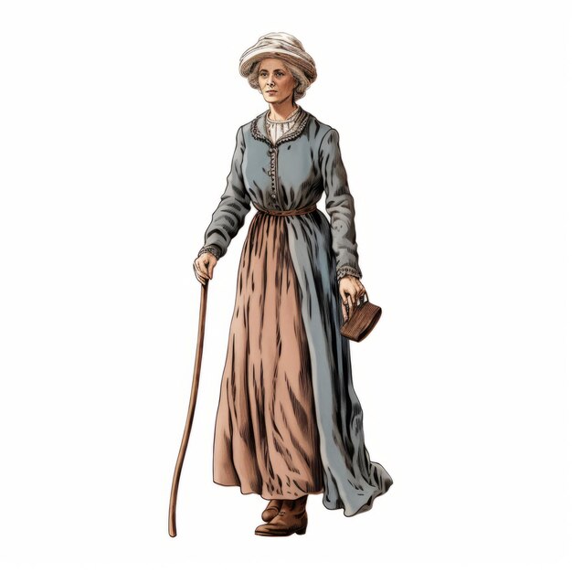 Cartoon Woman Walking In Old Time Dress Illustration