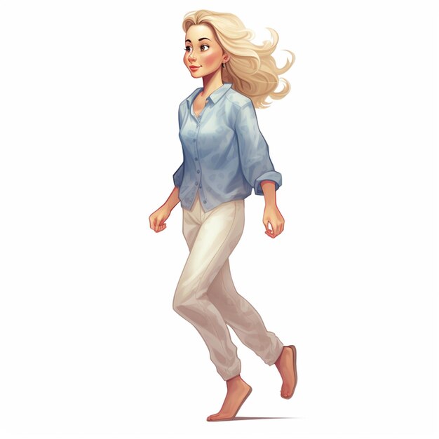 cartoon of a woman walking with her hair blowing in the wind generative ai