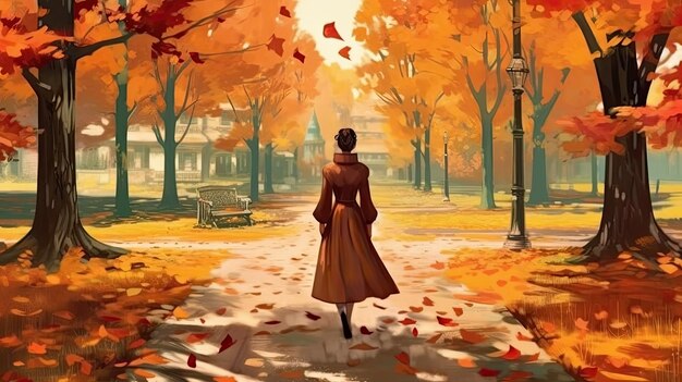 A cartoon woman walks in a park with autumn leaves