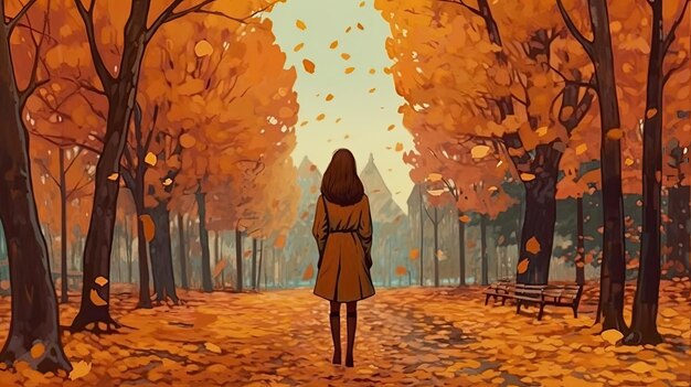 A cartoon woman walks in a park with autumn leaves