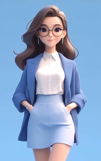 a cartoon of a woman wearing a blue suit and a white shirtCartoon white collar worker 3D rendering