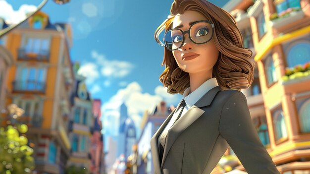 Foto un cartone animato di una donna che indossa occhiali e un vestito con un cielo blu sullo sfondo