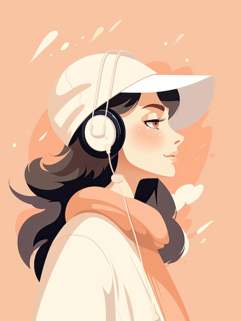 A cartoon of a woman wearing a hat with headphones.