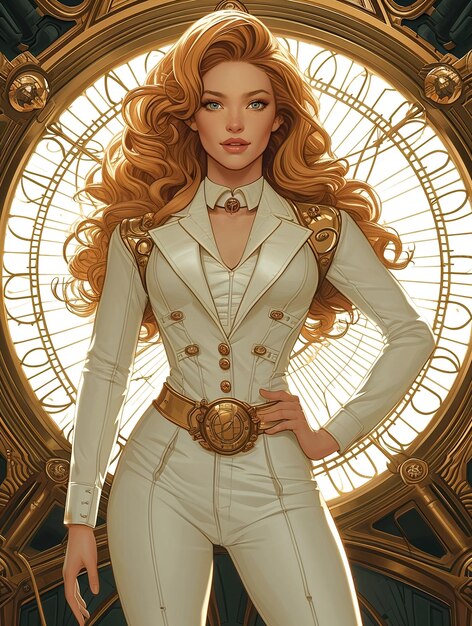 Photo a cartoon of a woman wearing a white suit and a gold belt