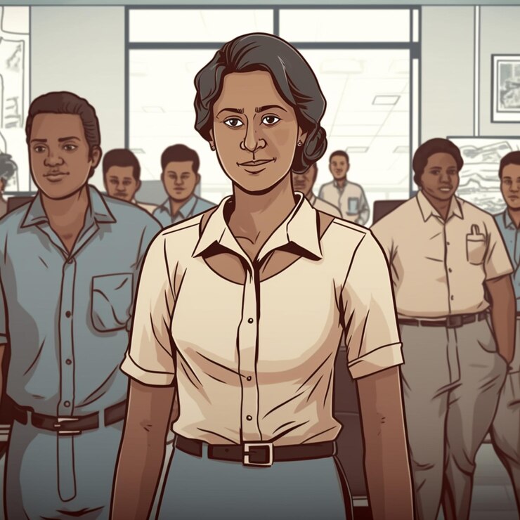फोटो cartoon of a woman in a white shirt and blue pants standing in front of a group of people generative ai