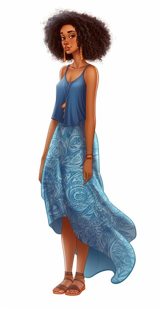 a cartoon of a woman with a blue dress and sandals generative ai