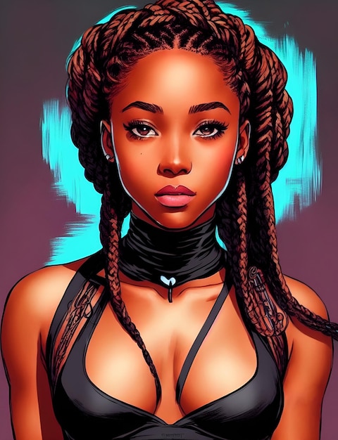 A cartoon of a woman with braids and a black top.