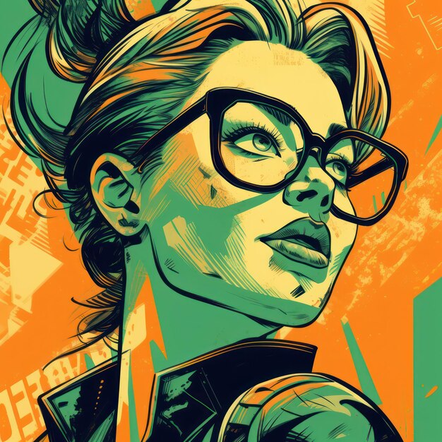 Cartoon woman with glasses green and orange tones