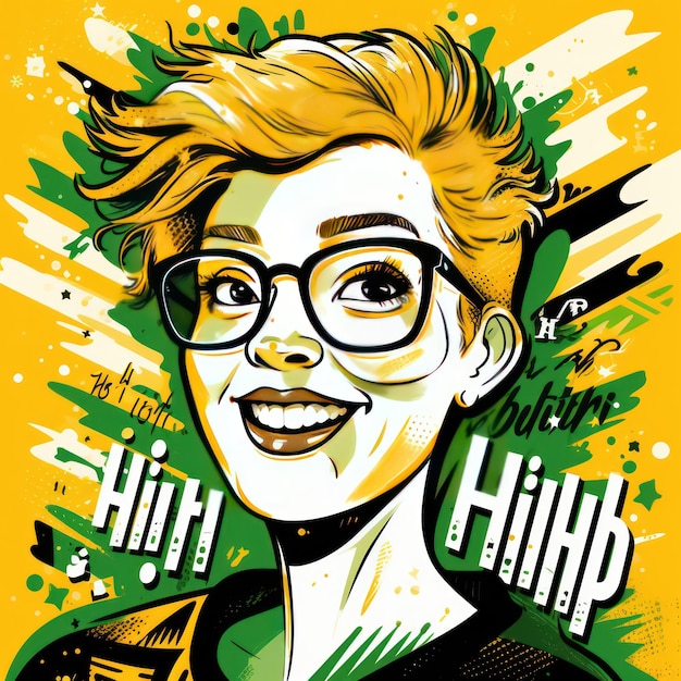 Cartoon woman with glasses green and orange tones