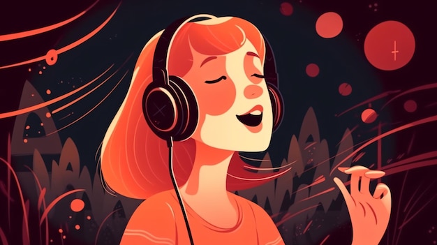 A cartoon of a woman with headphones singing and listening to music.