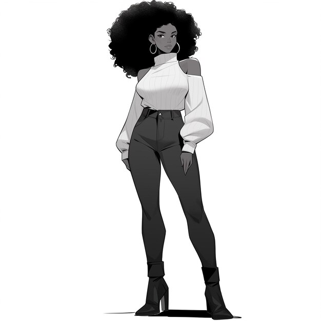 cartoon of a woman with a large afro standing in a white shirt and black pants generative ai