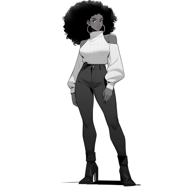 a cartoon of a woman with a large afro standing in a white shirt generative ai