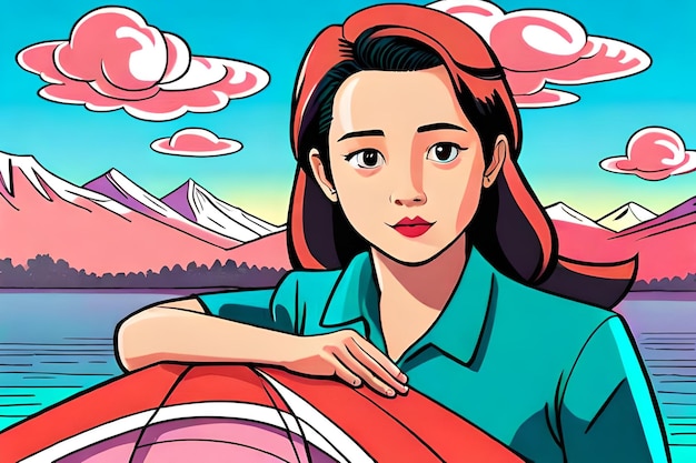 A cartoon of a woman with a mountain in the background.