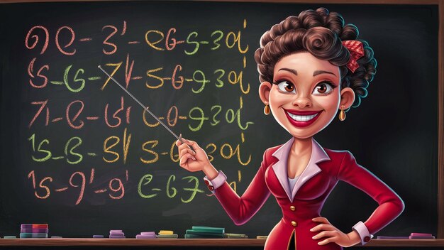 Photo a cartoon of a woman with a pointer pointing to a number of numbers